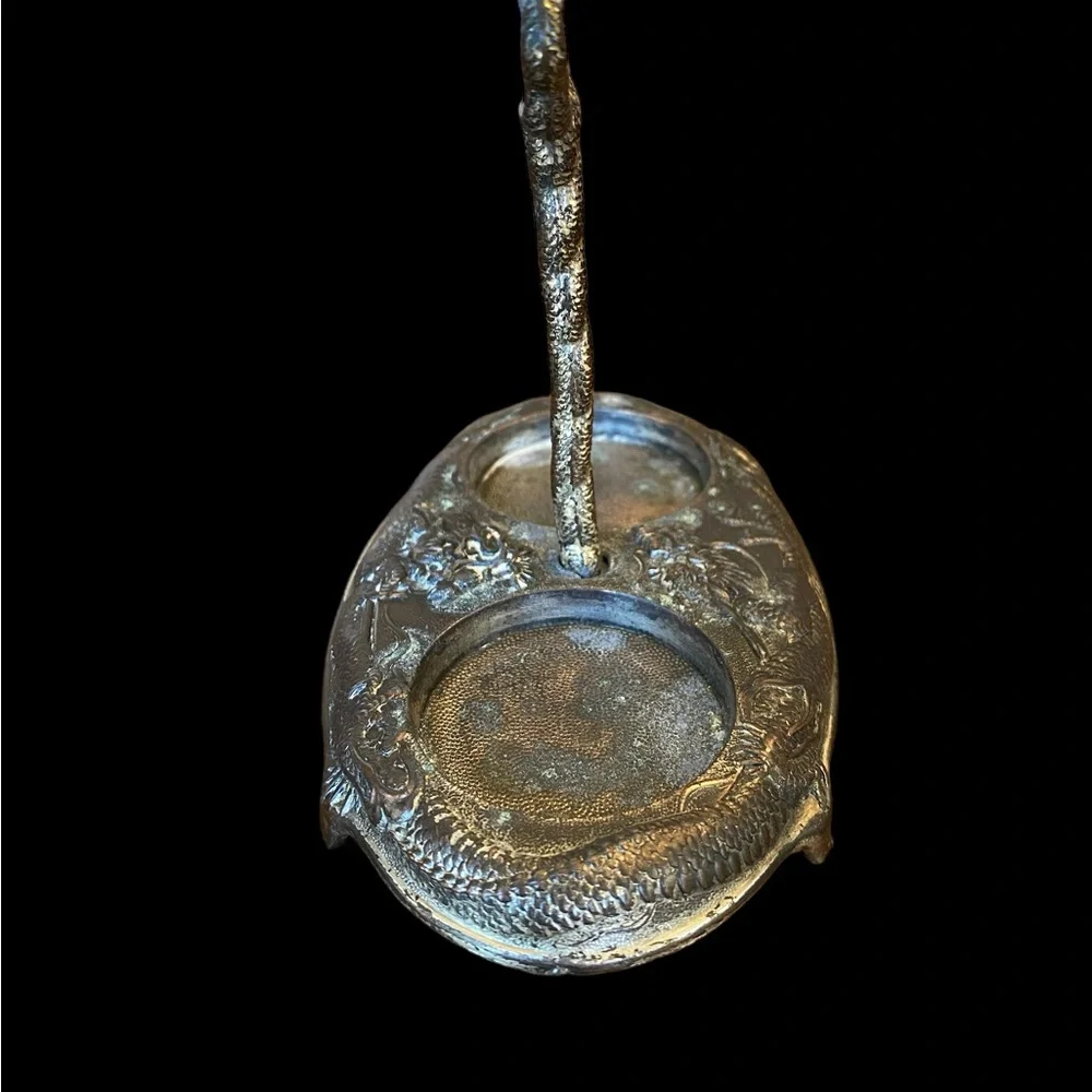Vintage Japanese Dragon Silver Salt Cellar Caddy Tray • Repousse Antique